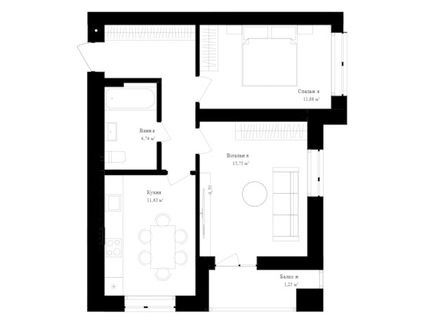ЖК Vlasna: планировка 2-комнатной квартиры 52.66 м²