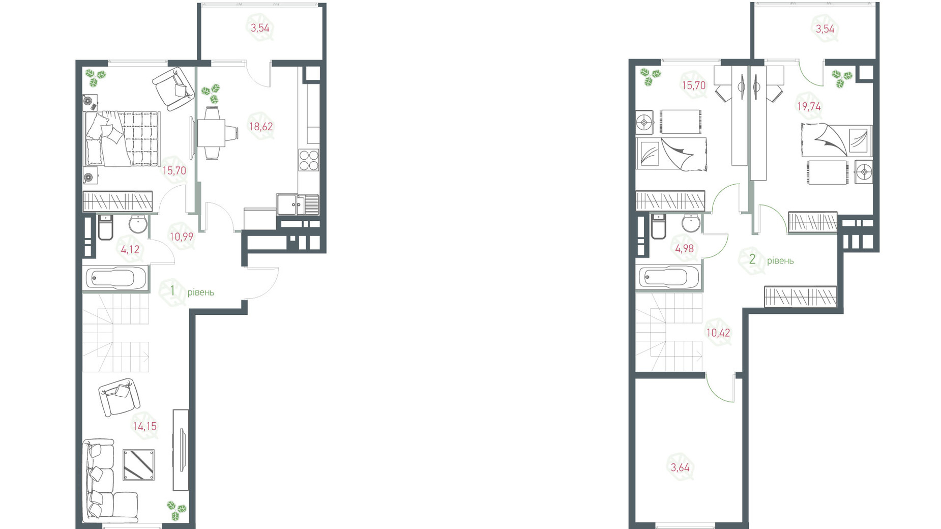 Планування багато­рівневої квартири в ЖК Озерний гай Гатне 127.64 м², фото 433522