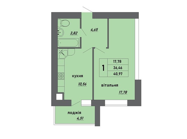 ЖК Новые Байковцы: планировка 1-комнатной квартиры 40.97 м²