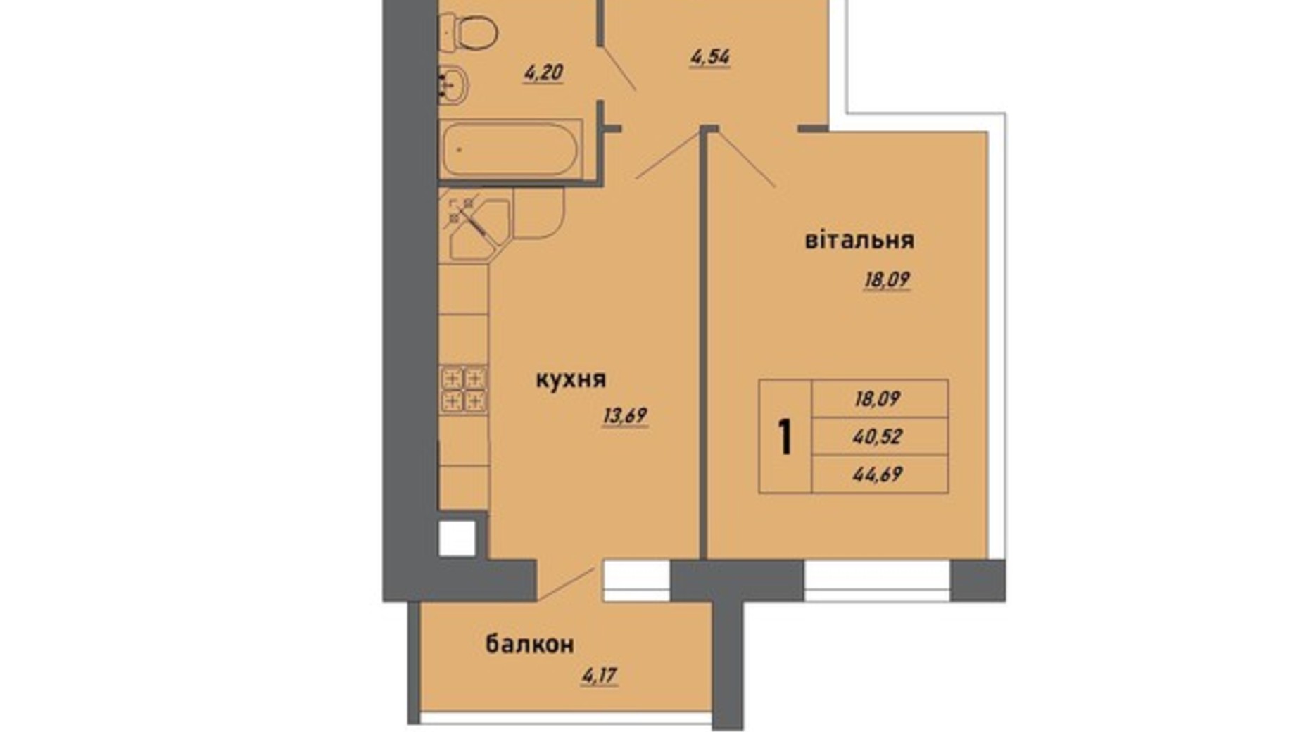 Планування 1-кімнатної квартири в ЖК Нові Байківці 44.69 м², фото 434144