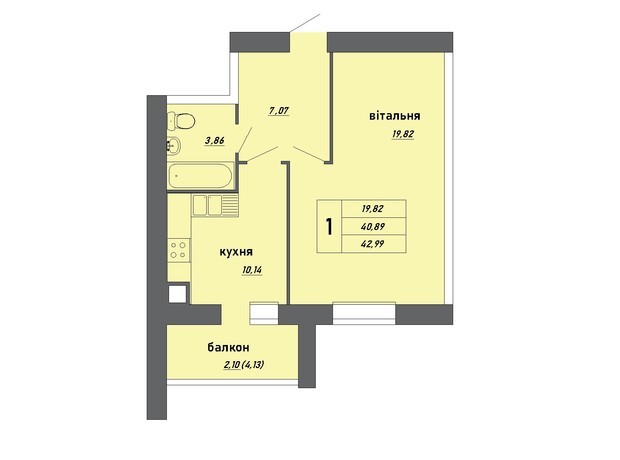ЖК Новые Байковцы: планировка 1-комнатной квартиры 42.99 м²