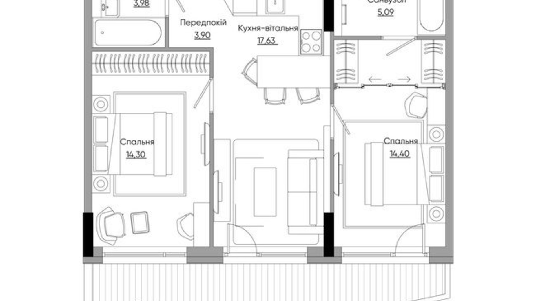 Планування 2-кімнатної квартири в ЖК Lucky Land 74.44 м², фото 434156