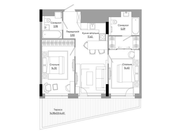 ЖК Lucky Land: планування 2-кімнатної квартири 74.44 м²