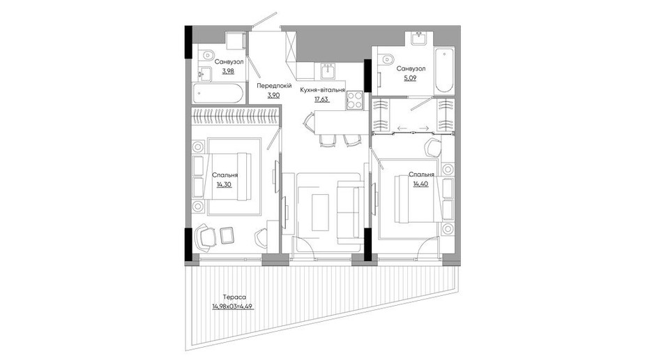 Планировка 2-комнатной квартиры в ЖК Lucky Land 74.44 м², фото 434156