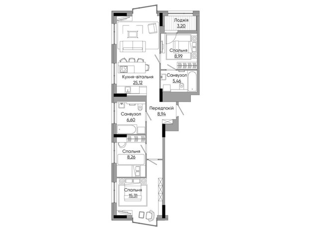 ЖК Lucky Land: планировка 3-комнатной квартиры 86.21 м²