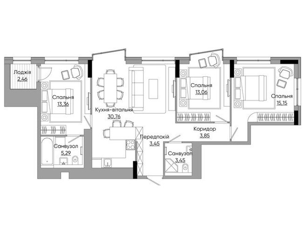 ЖК Lucky Land: планировка 2-комнатной квартиры 91.41 м²