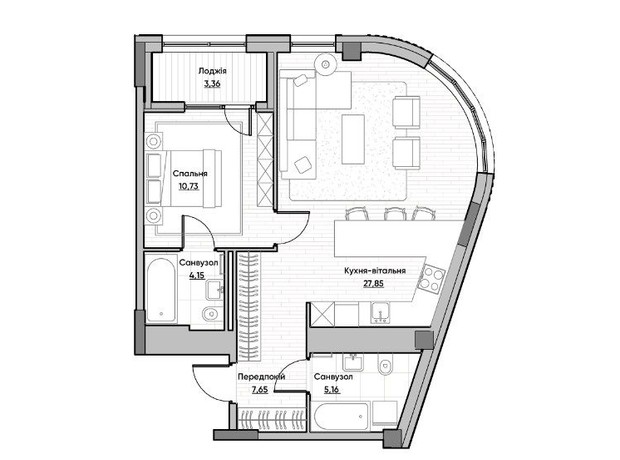 ЖК Lucky Land: планировка 1-комнатной квартиры 59.04 м²