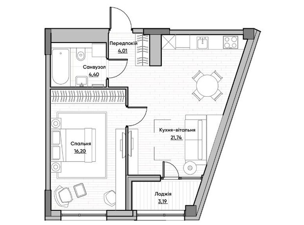ЖК Lucky Land: планування 1-кімнатної квартири 42.1 м²