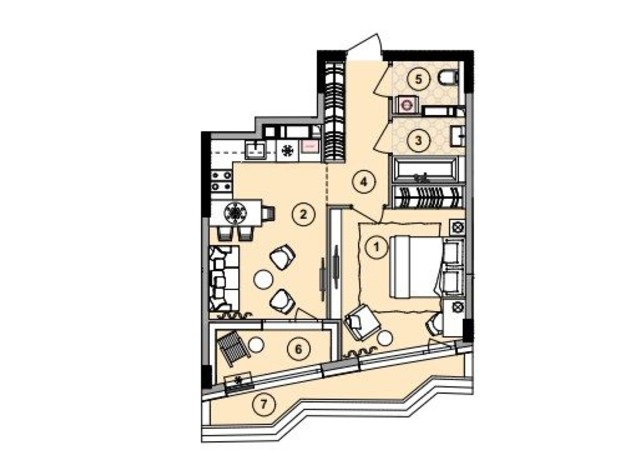 ЖК Lucky Land: планування 1-кімнатної квартири 45.59 м²