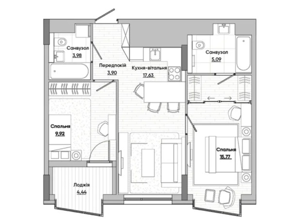 ЖК Lucky Land: планування 2-кімнатної квартири 60.83 м²