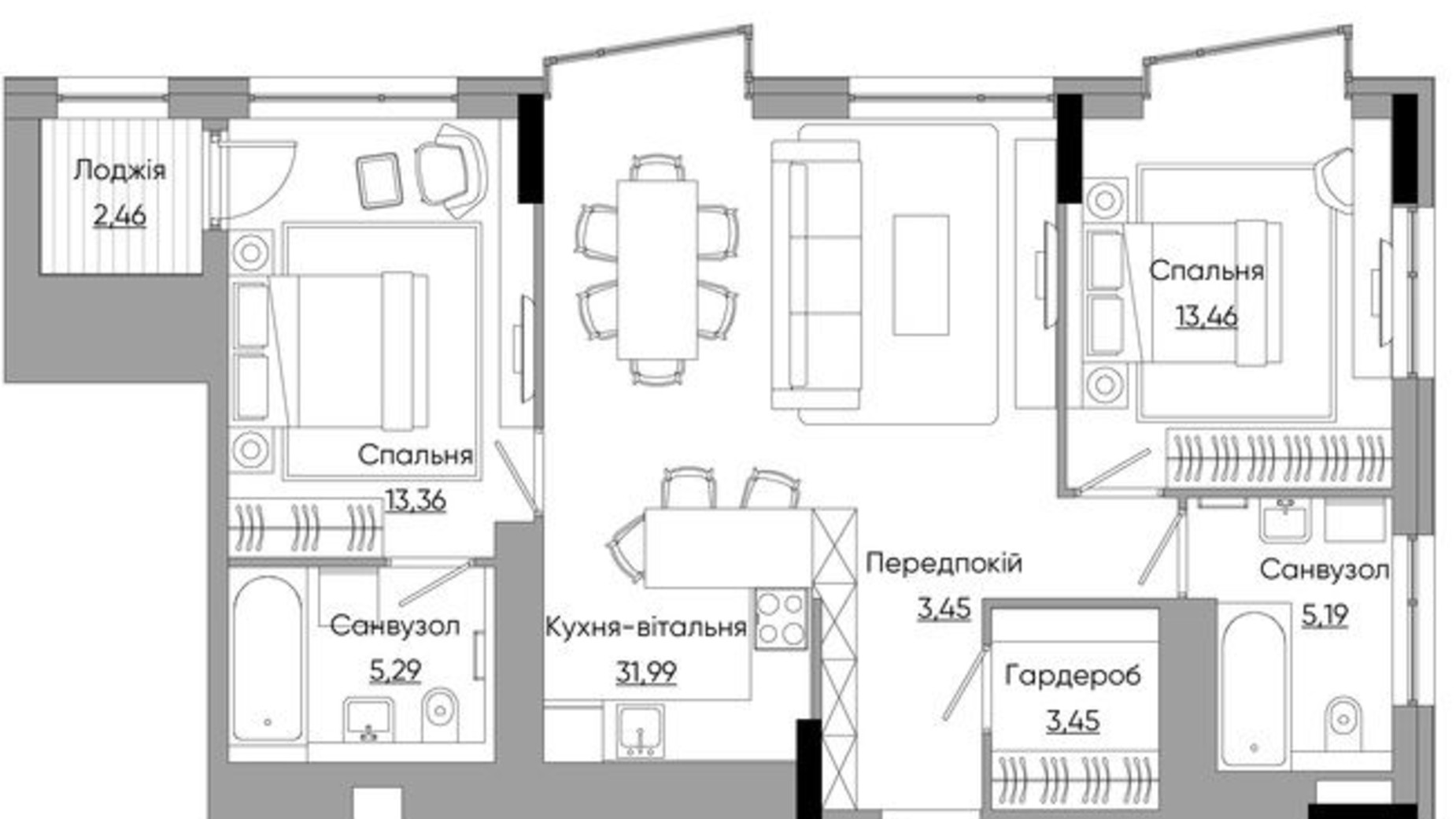 Планування 2-кімнатної квартири в ЖК Lucky Land 78.58 м², фото 434203