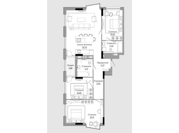 ЖК Lucky Land: планування 3-кімнатної квартири 113.24 м²
