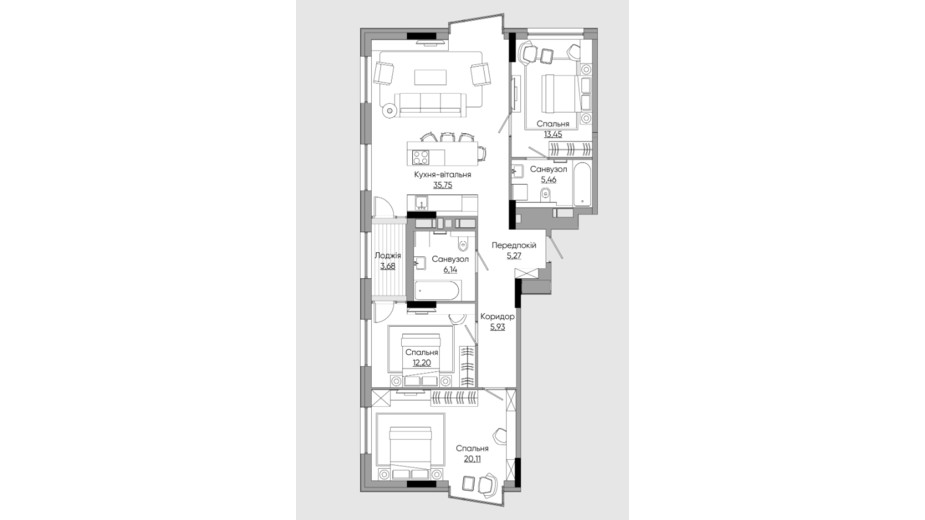 Планировка 3-комнатной квартиры в ЖК Lucky Land 113.24 м², фото 434208