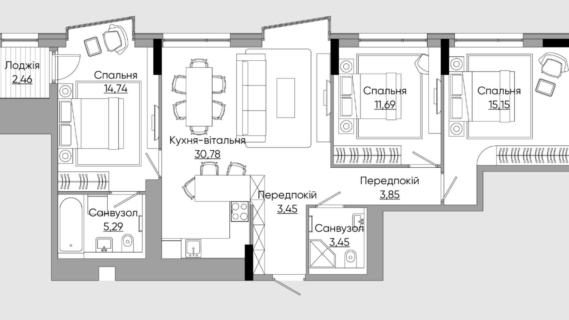 Планування 3-кімнатної квартири в ЖК Lucky Land 89.52 м², фото 434209