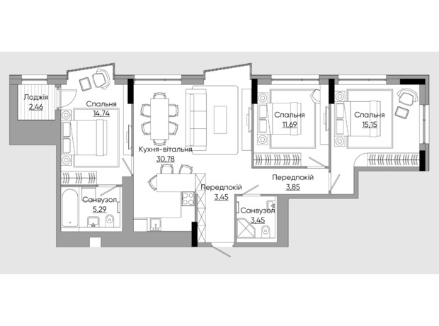 ЖК Lucky Land: планировка 3-комнатной квартиры 89.52 м²