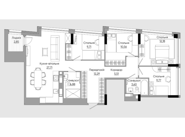 ЖК Lucky Land: планировка 3-комнатной квартиры 98.49 м²