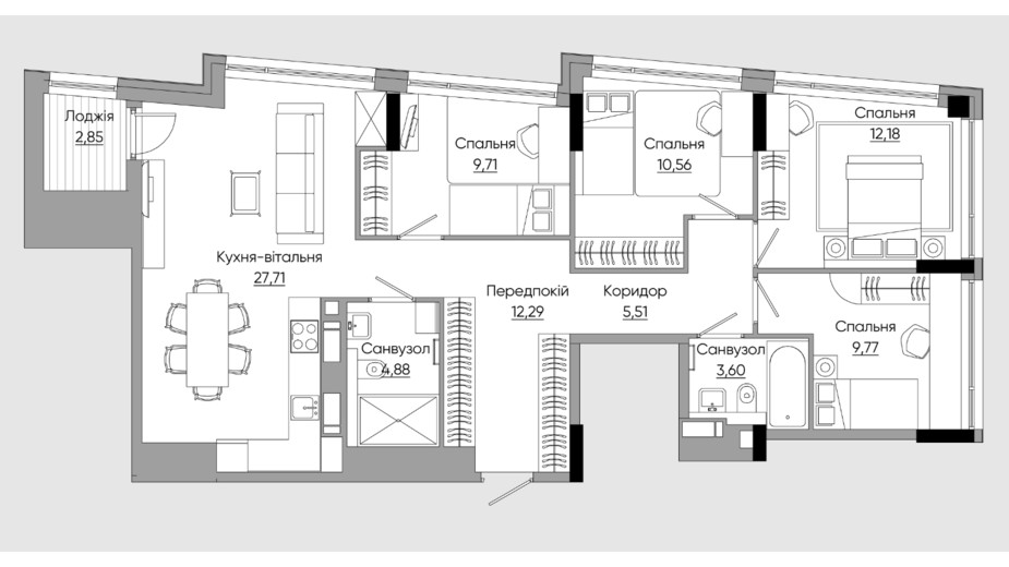 Планировка 3-комнатной квартиры в ЖК Lucky Land 98.49 м², фото 434210