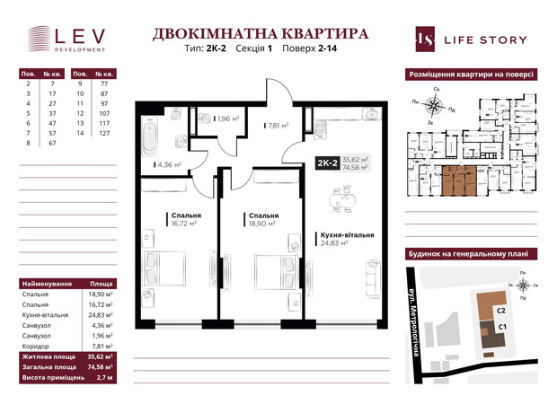 ЖК Life Story: планування 2-кімнатної квартири 74.58 м²