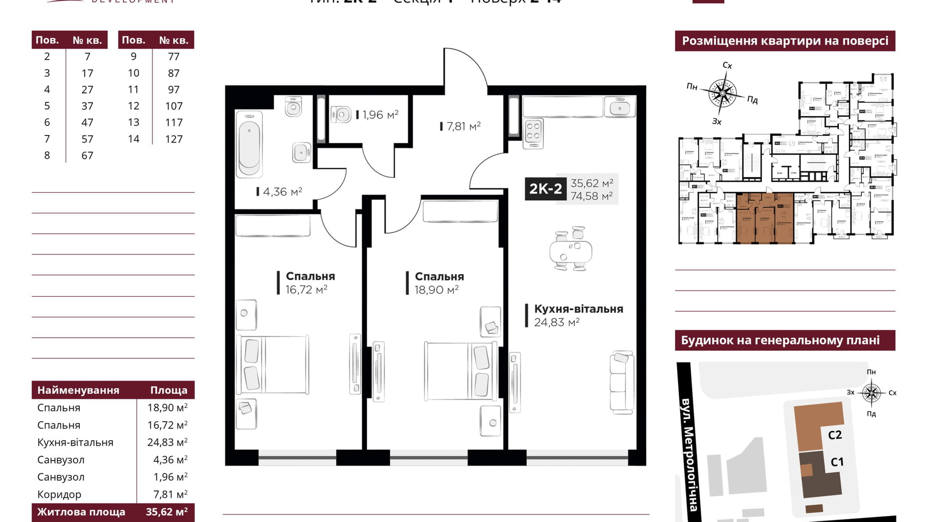 Планування 2-кімнатної квартири в ЖК Life Story 74.58 м², фото 434823