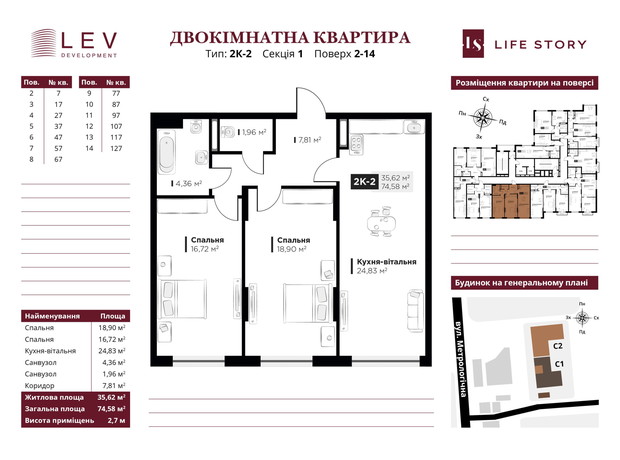 ЖК Life Story: планировка 2-комнатной квартиры 74.58 м²