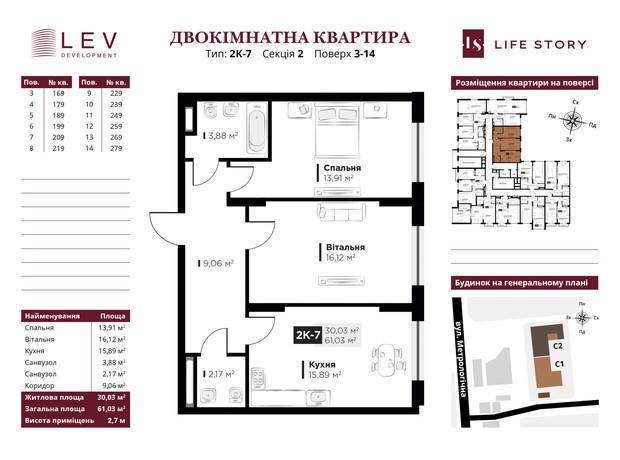ЖК Life Story: планування 2-кімнатної квартири 60.77 м²