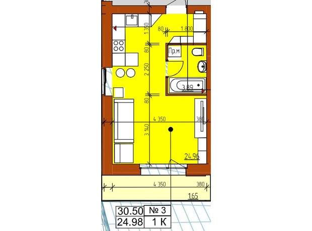 ЖК Гостомельские Липки 5: планировка 1-комнатной квартиры 30.5 м²