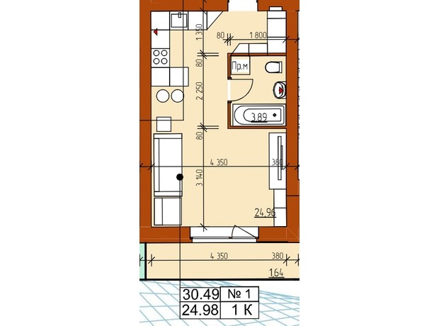ЖК Гостомельские Липки 5: планировка 1-комнатной квартиры 30.49 м²