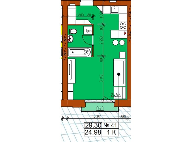 ЖК Гостомельские Липки 5: планировка 1-комнатной квартиры 29.3 м²