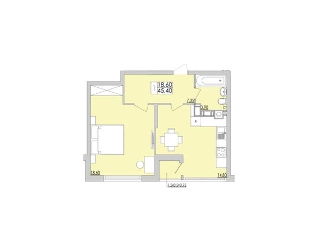 ЖК Кемпінг: планування 1-кімнатної квартири 45.4 м²