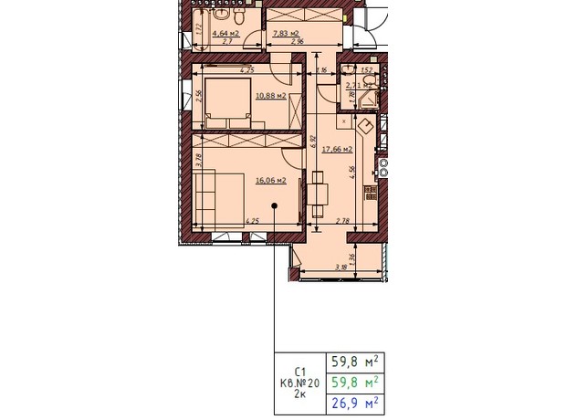 ЖК Гостомельские Липки 5: планировка 2-комнатной квартиры 61.3 м²
