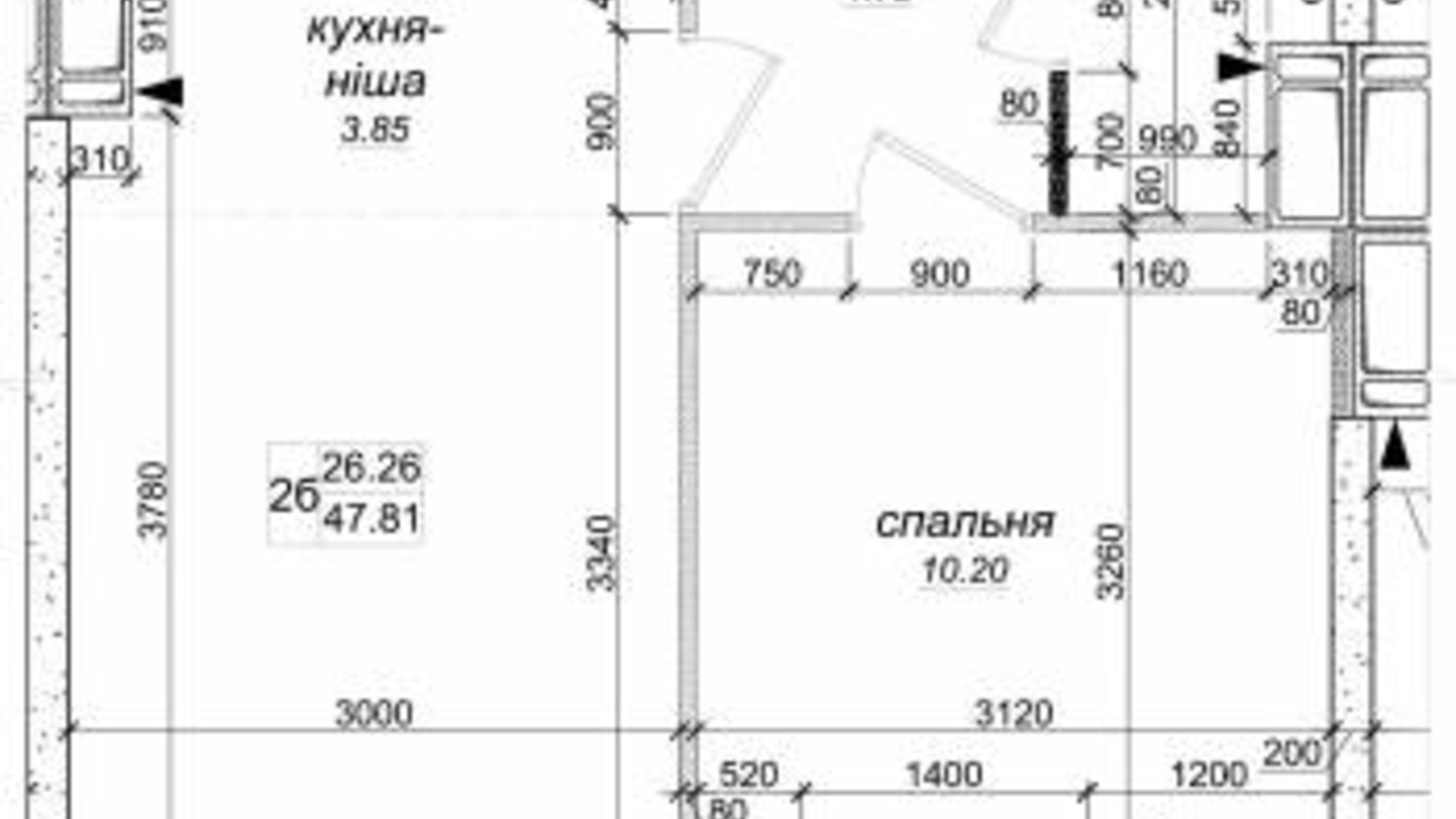 Планировка 2-комнатной квартиры в ЖК Одесский бульвар 47.81 м², фото 435674