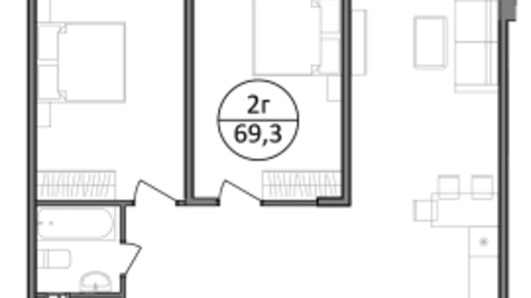 Планировка 2-комнатной квартиры в ЖК Парксайд 69.3 м², фото 435692