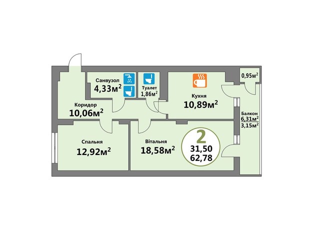 ЖК Эко-Дом на Тракте: планировка 2-комнатной квартиры 62.78 м²