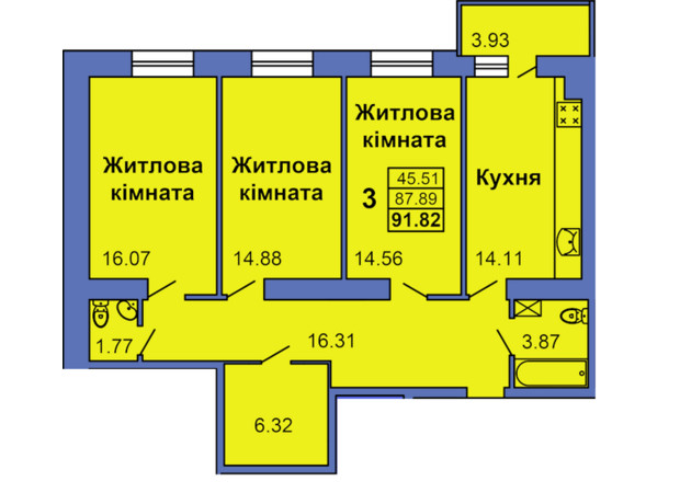 ЖК City Park: планировка 3-комнатной квартиры 91.82 м²