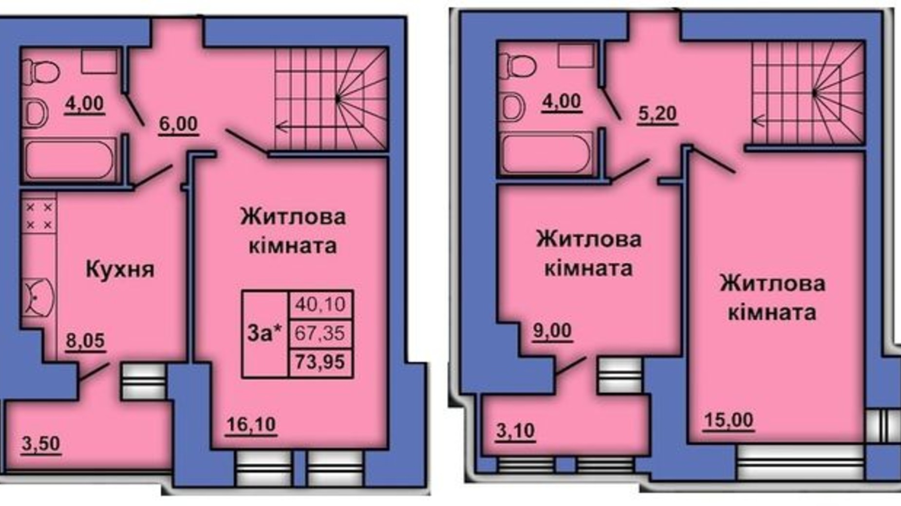 Планировка много­уровневой квартиры в ЖК ул. Александра Оксанченка (Степного Фронта), 20 73.95 м², фото 437442