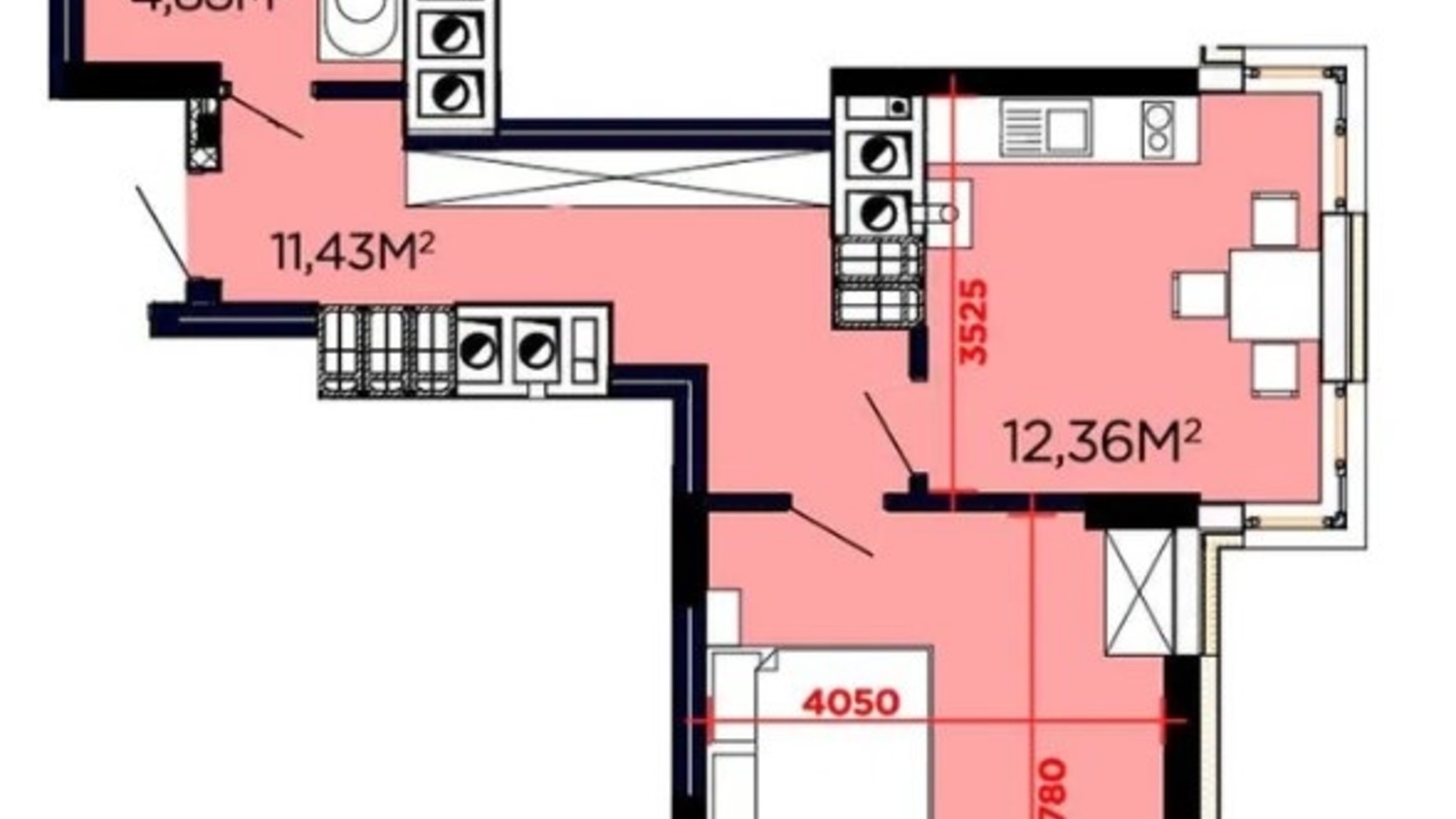 Планування 1-кімнатної квартири в ЖК Щасливий 44.03 м², фото 437544