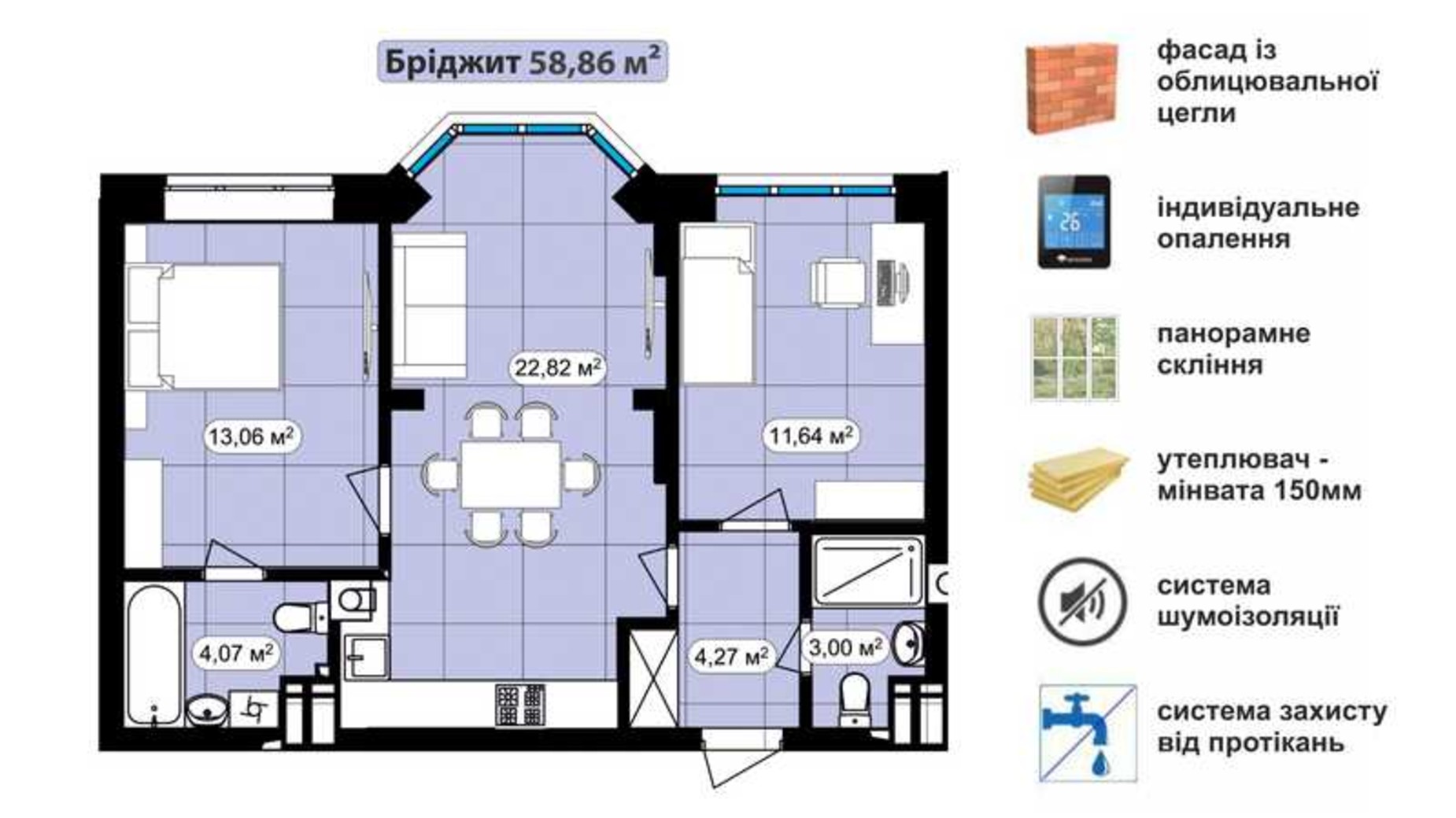 Планування 2-кімнатної квартири в ЖК Мюнхаузен 2 58.86 м², фото 437898
