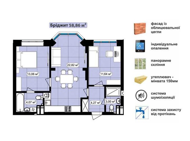 ЖК Мюнхаузен 2: планування 2-кімнатної квартири 58.86 м²