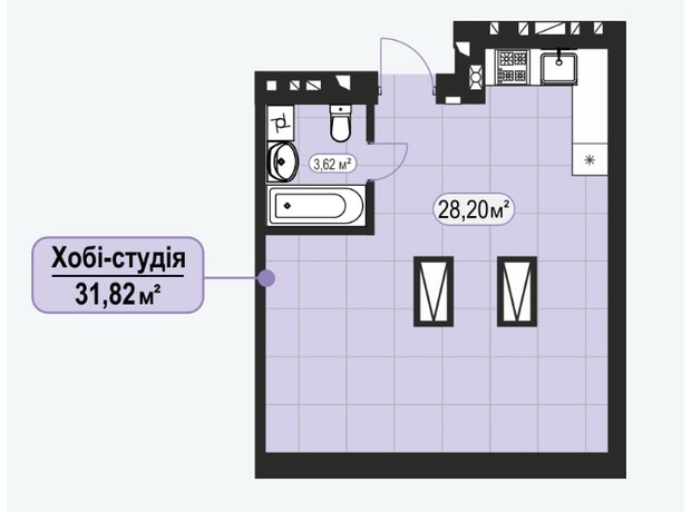 ЖК Баск&Вілль: планування 1-кімнатної квартири 31.82 м²