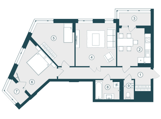 ЖК Skyfall: планировка 3-комнатной квартиры 86.14 м²