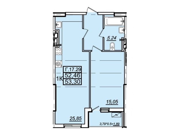 ЖК Родос: планировка 1-комнатной квартиры 54.38 м²
