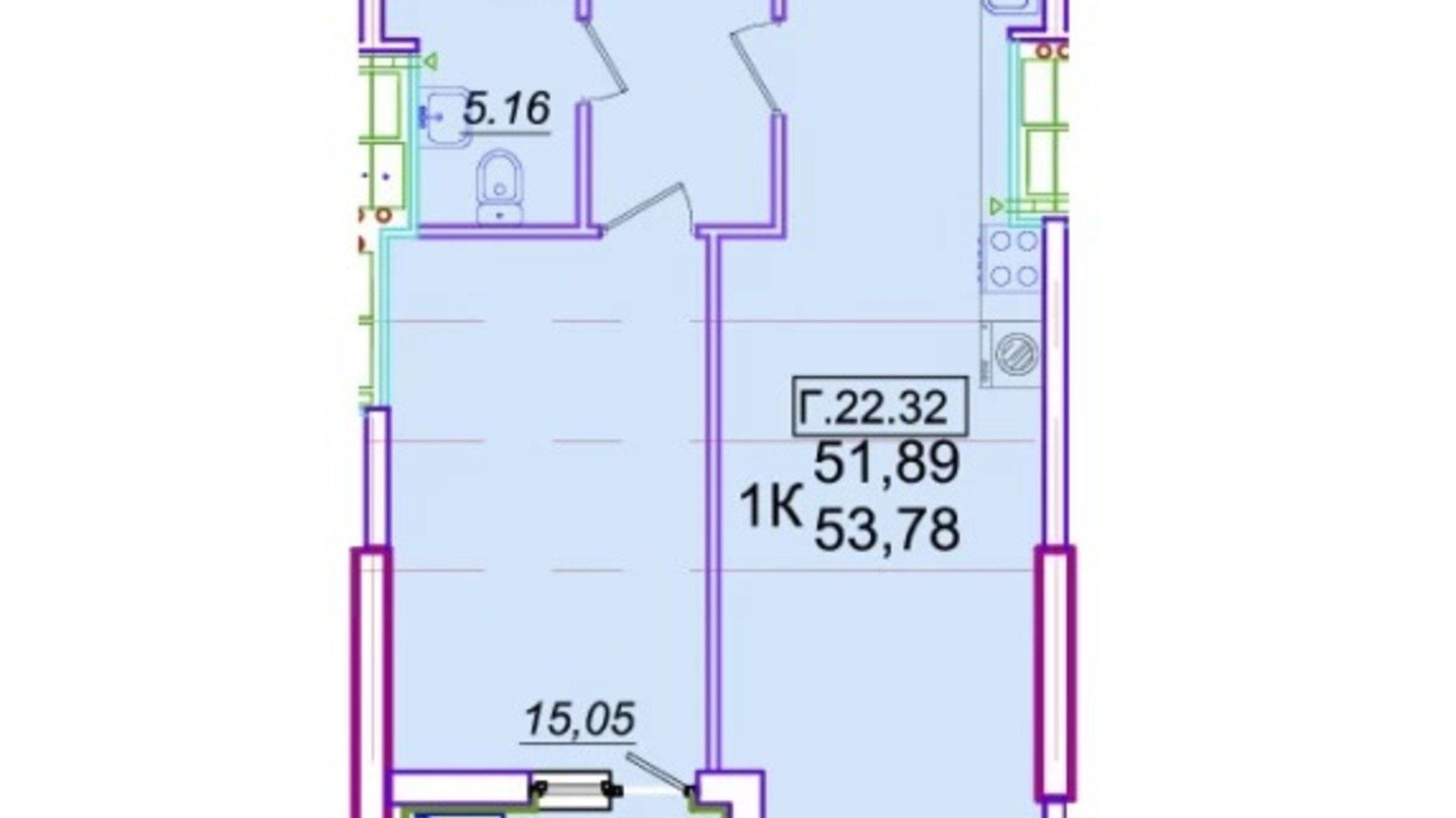 Планування 1-кімнатної квартири в ЖК Родос 53.78 м², фото 438812
