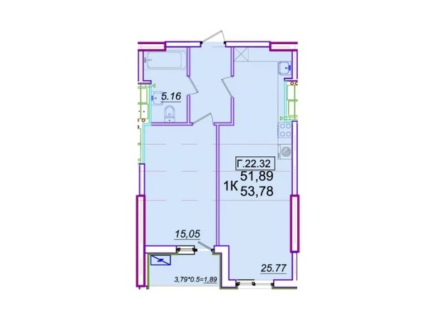 ЖК Родос: планировка 1-комнатной квартиры 53.78 м²