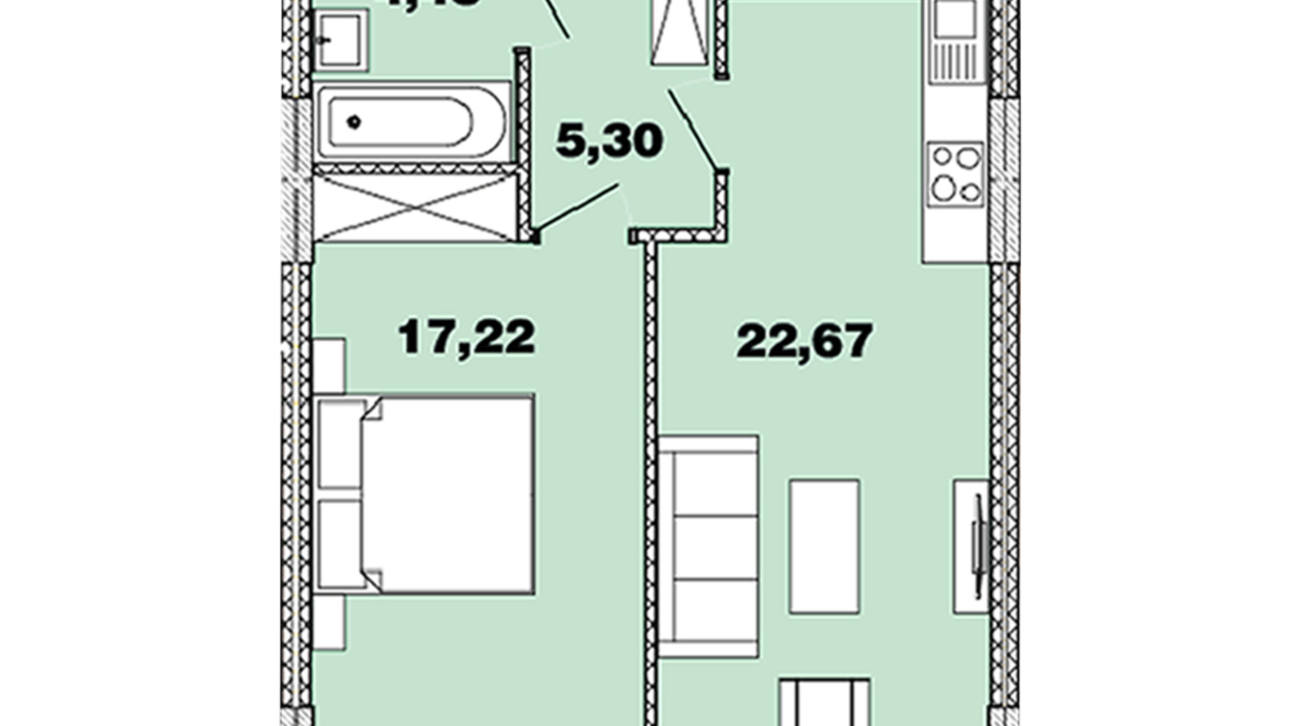 Планування 1-кімнатної квартири в ЖК Crystal Avenue 49.63 м², фото 440508