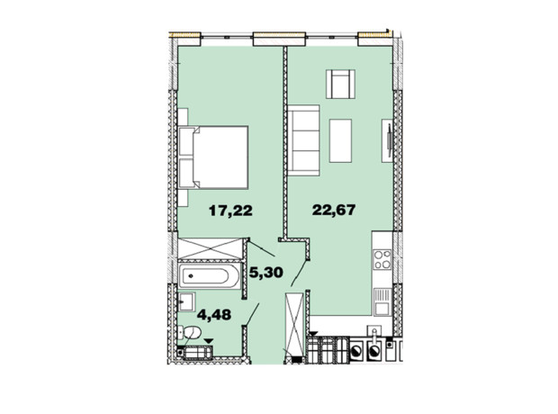ЖК Crystal  Avenue: планировка 1-комнатной квартиры 49.67 м²