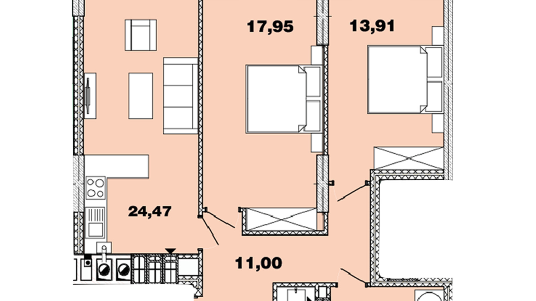 Планування 2-кімнатної квартири в ЖК Crystal Avenue 74.67 м², фото 440510