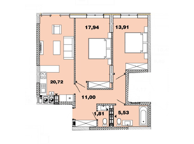ЖК Crystal  Avenue: планировка 3-комнатной квартиры 80.65 м²