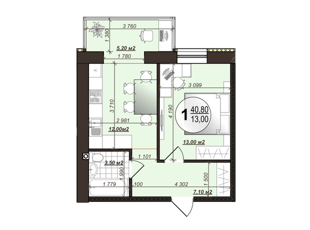 ЖК Добробуд: планировка 1-комнатной квартиры 40.8 м² ЖК Добробуд: планировка 1-комнатной квартиры 40.8 м²