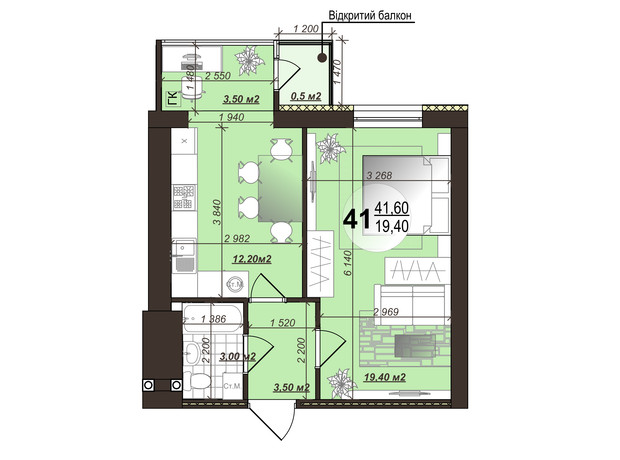 ЖК Добробуд: планировка 1-комнатной квартиры 41.6 м² ЖК Добробуд: планировка 1-комнатной квартиры 41.6 м²