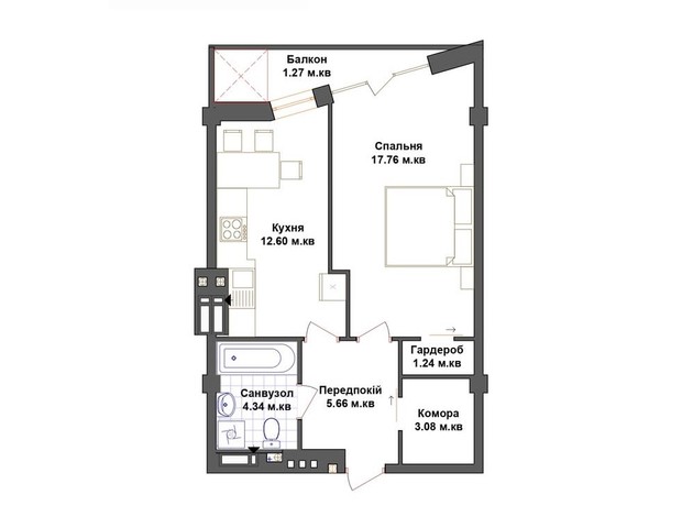 ЖК Щастя: планування 1-кімнатної квартири 45.95 м²